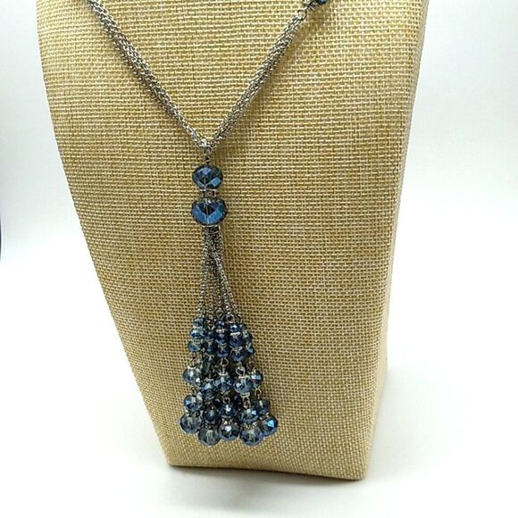 Multi-Chain Tassel Necklace Silver-tone with Faceted Sapphire Glass Beads NWOT - Picture 5 of 13